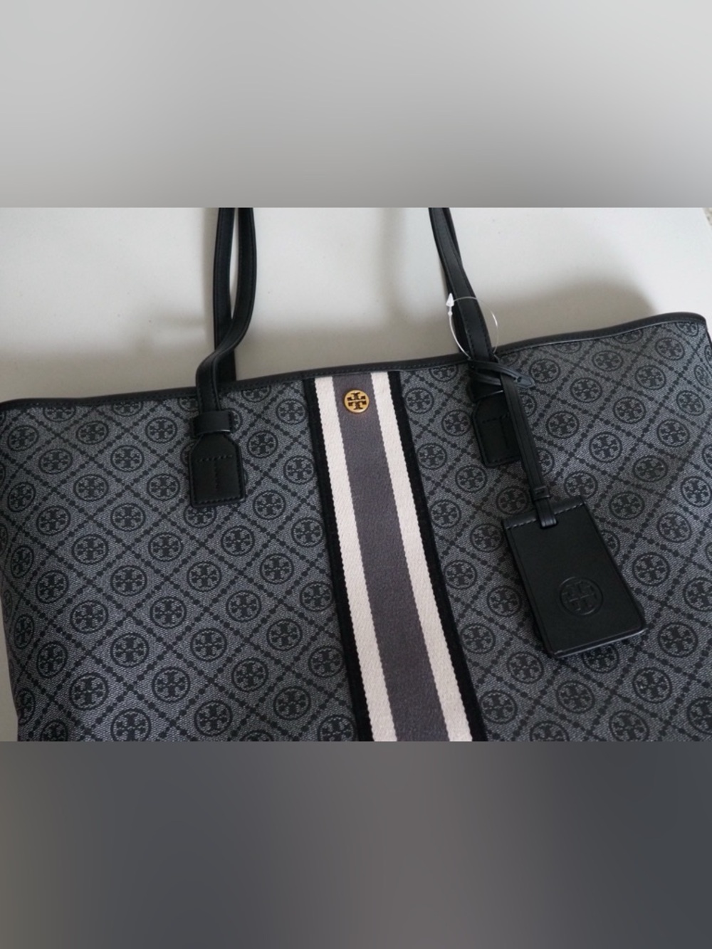 Tory Burch Gray and Cream Logo Canvas Tote with Black Trim UNUSED